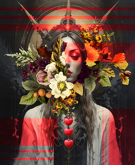 Toni Vigorito Fine Art - High-end Graphic Portrait with Abstract Elements and Floral Composition - London Interior Art