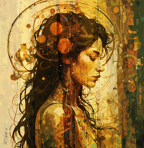 Layers abstract elements with visual portraiture by Toni Vigorito titled Pensierosa